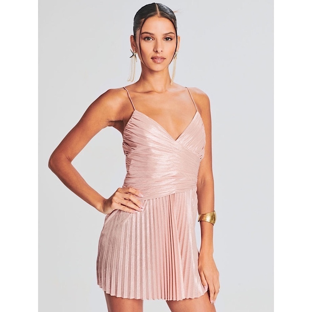 NWT RETROFETE Metallic Ballet Pink Pleated Sleeveless Crossover V-Neck Dress M - Picture 7 of 10